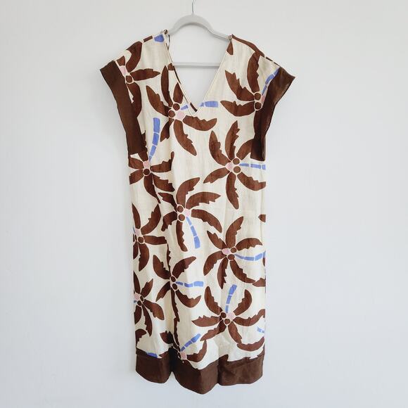 Zara Tropical Palm Tree Print Linen Tunic Maxi / Midi Dress Beige Size Medium - Picture 3 of 5